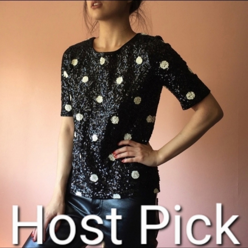 J. Crew Sequin Black White Polka Dot Shirt Top Women's XS Sparkle Gorgeous EUC